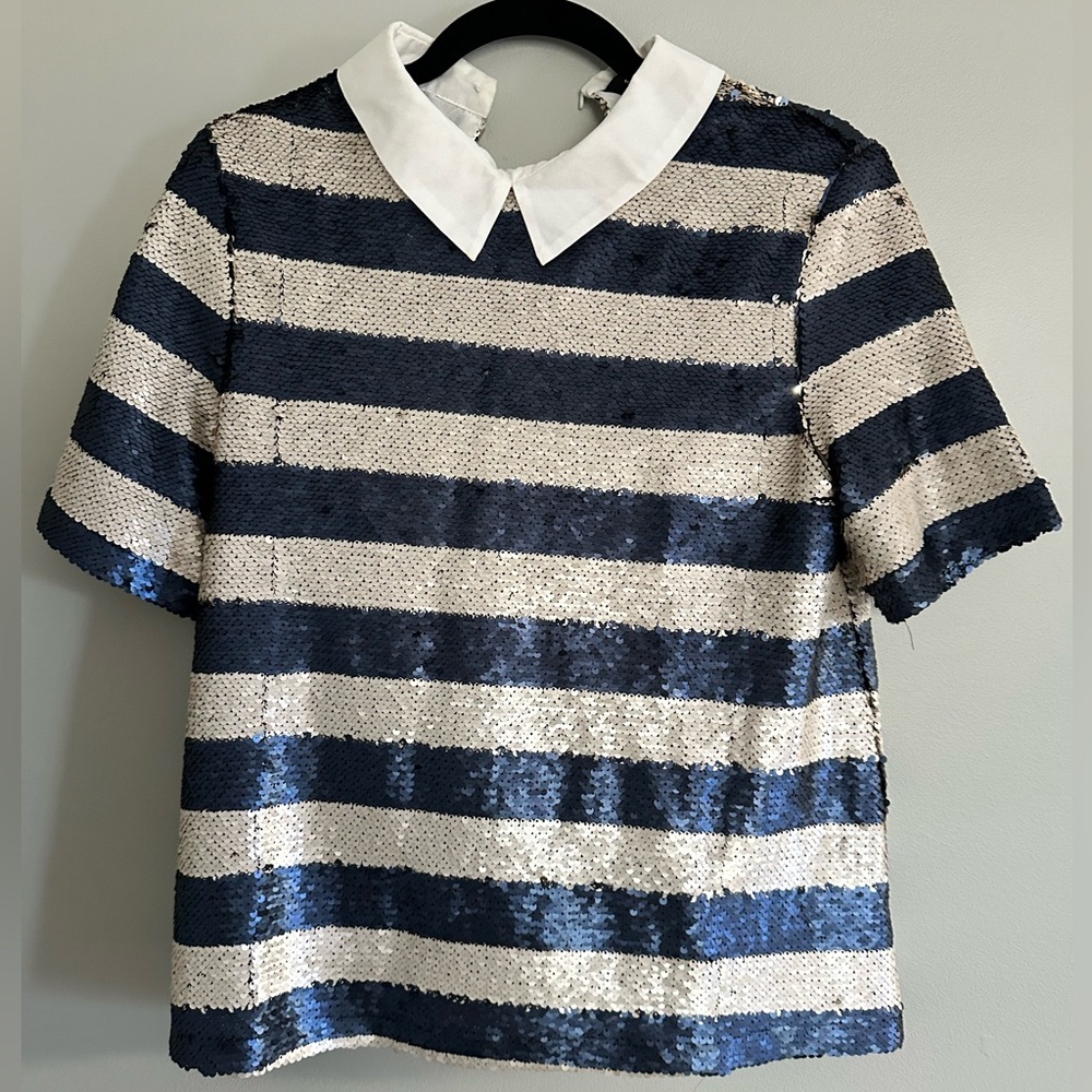 Sister Jane Oyster Blouse Sequin Striped Blue and White